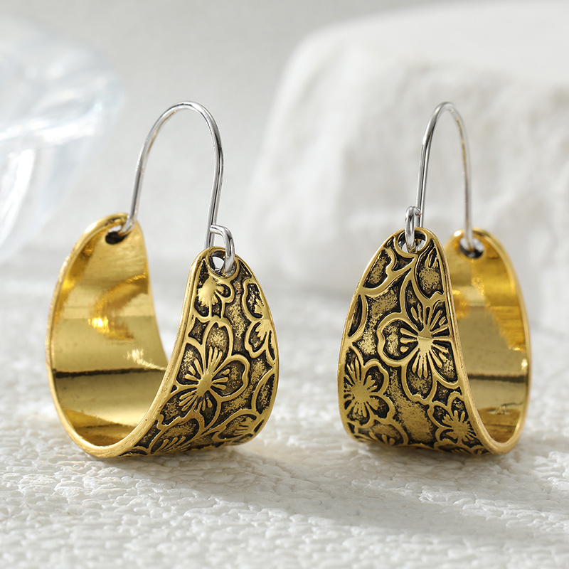 Vintage Embossed Flower Pattern Textured Metal Hook Dangle Earrings